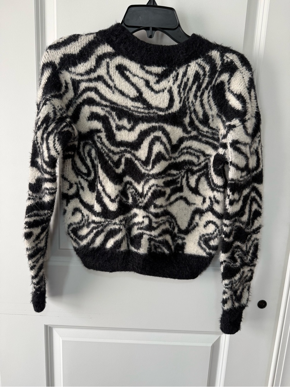 SO Black & White Swirl Fuzzy Crewneck Sweater